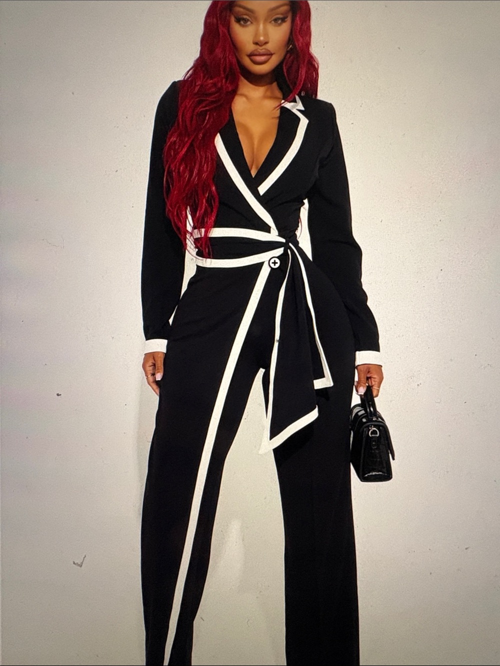 Fashion Nova Black Jumpsuit with White Piping Detail
